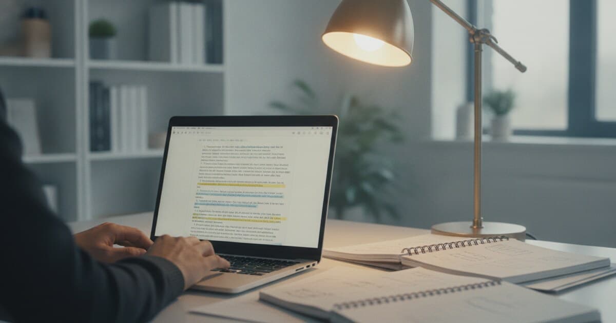 Student working at a laptop with academic papers and a document on screen