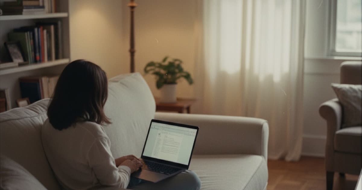Student editing document on laptop in cozy living room with textbooks