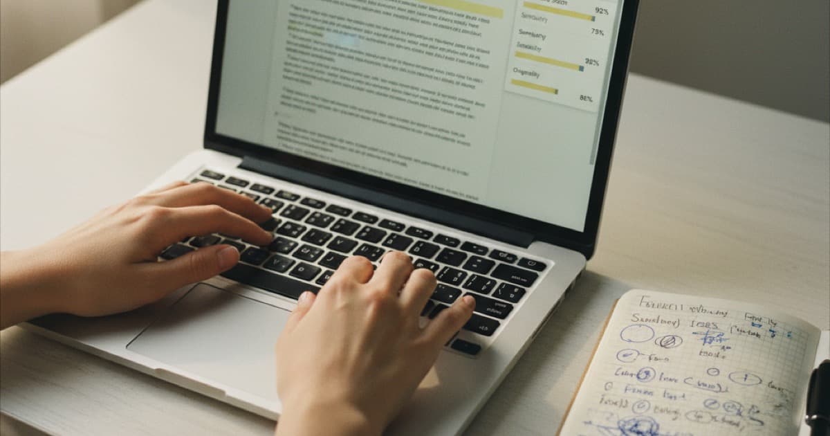 Hands typing on a laptop with a document and detection scores visible on screen