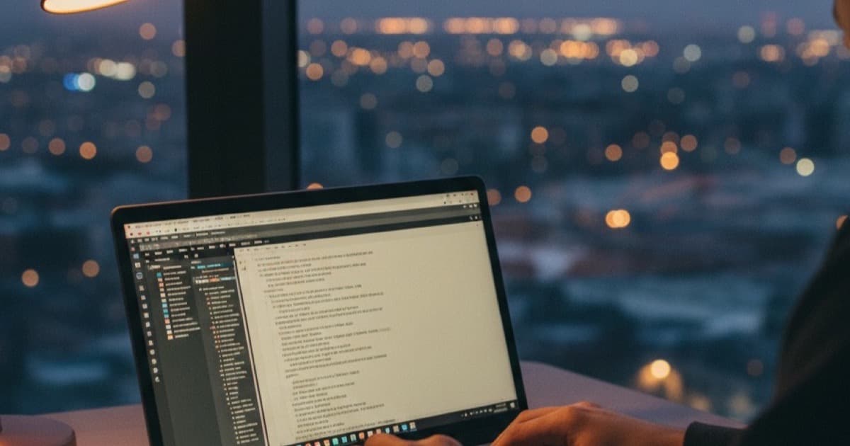 Person typing on laptop with city lights at dusk visible through window