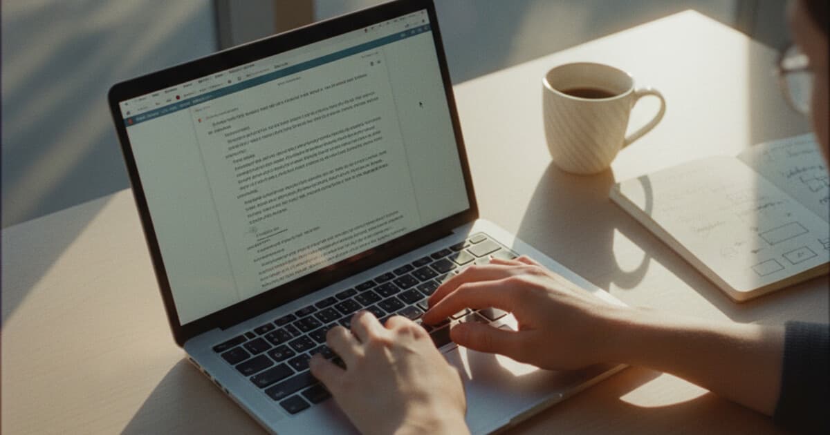 Hands typing on a laptop at a clean desk while editing AI-generated text to sound more human
