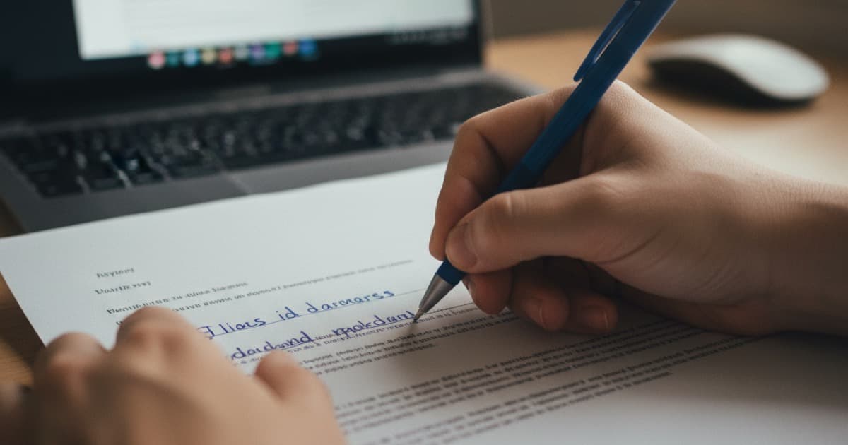 Person editing a printed page with a blue pen, laptop with chat interface in background