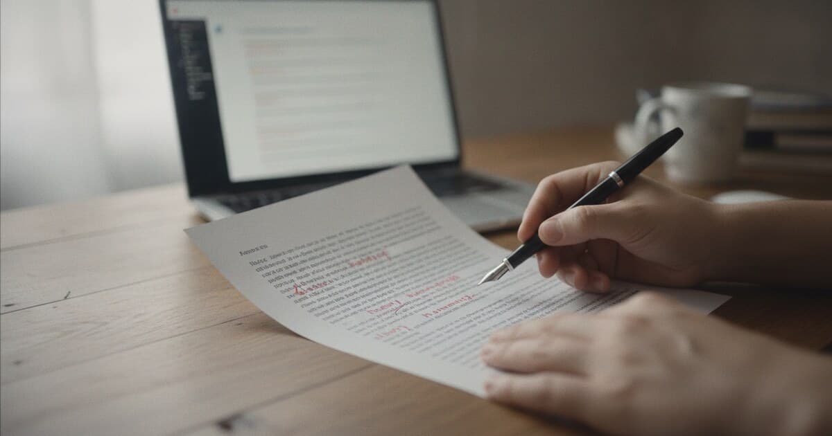 Person reviewing and editing printed text on a desk, representing the process of humanizing AI-generated content