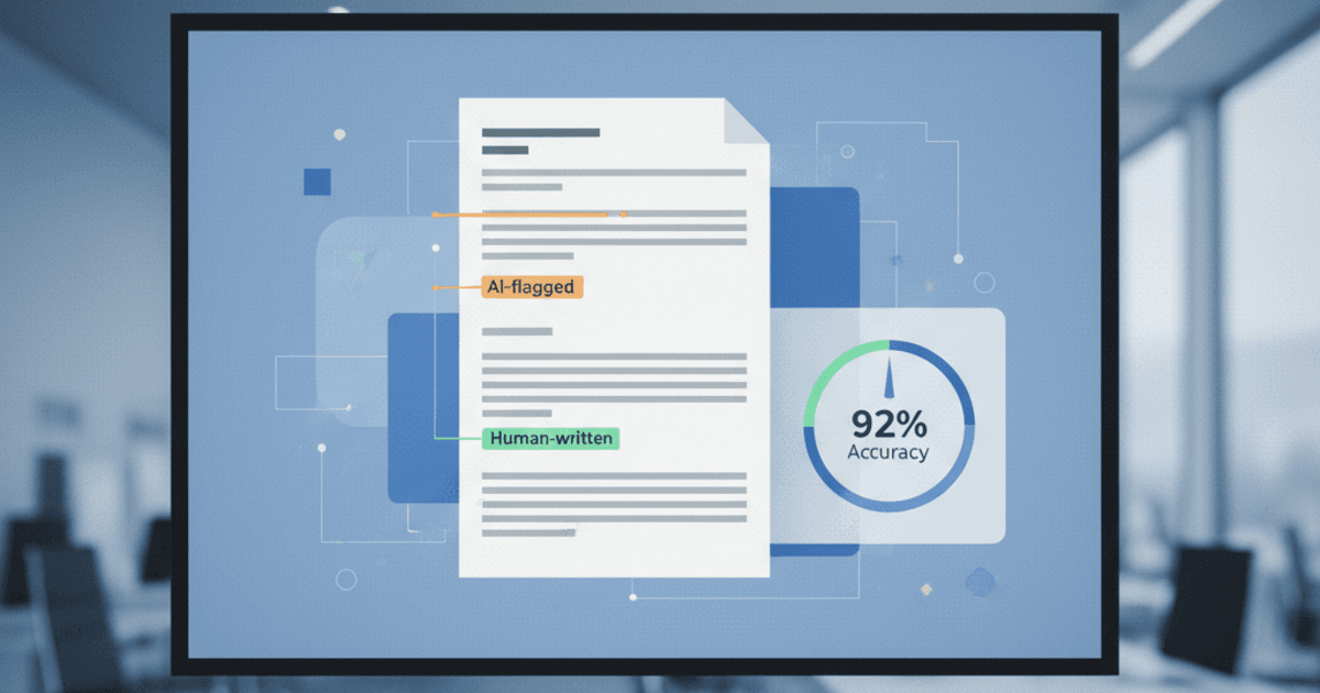Document analysis interface showing color-coded sentence highlighting with AI detection accuracy gauge