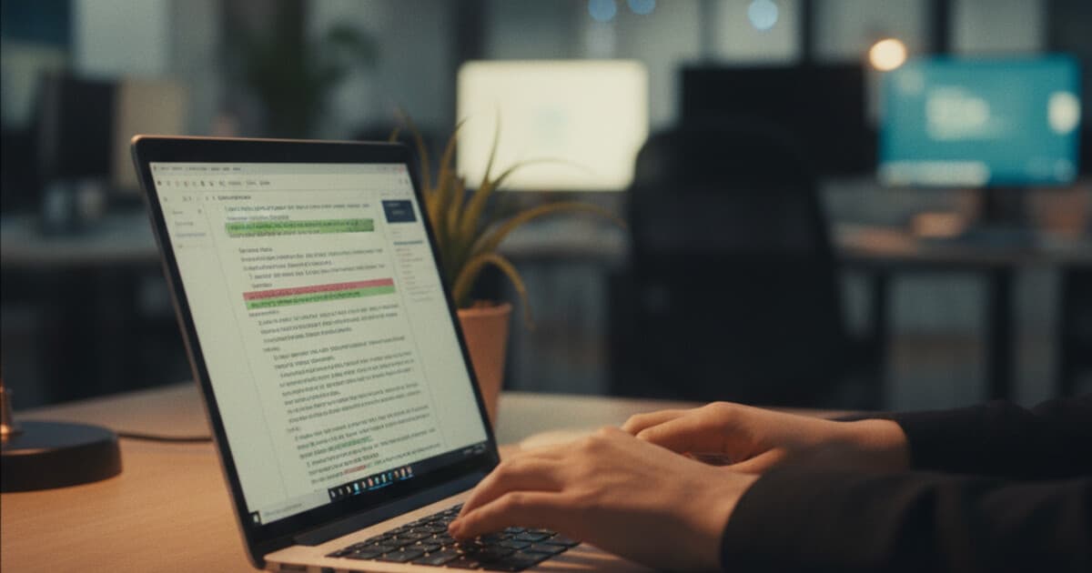 Person's hands typing on a laptop with a text analysis interface showing highlighted passages