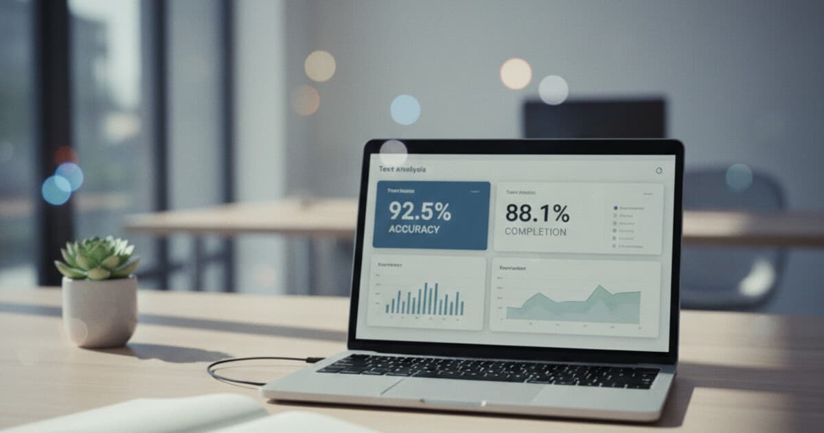 Laptop screen showing an AI text detection accuracy dashboard on a clean desk with notebook in foreground