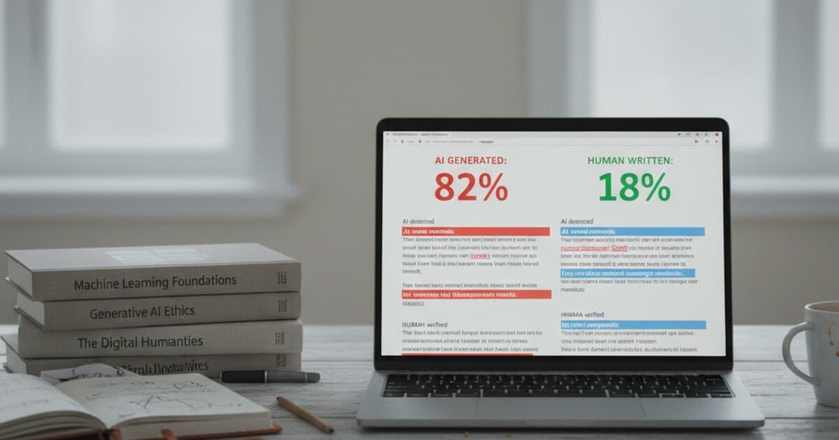 Scribbr AI detector accuracy test results showing false positive rates and percentage scores on a laptop screen