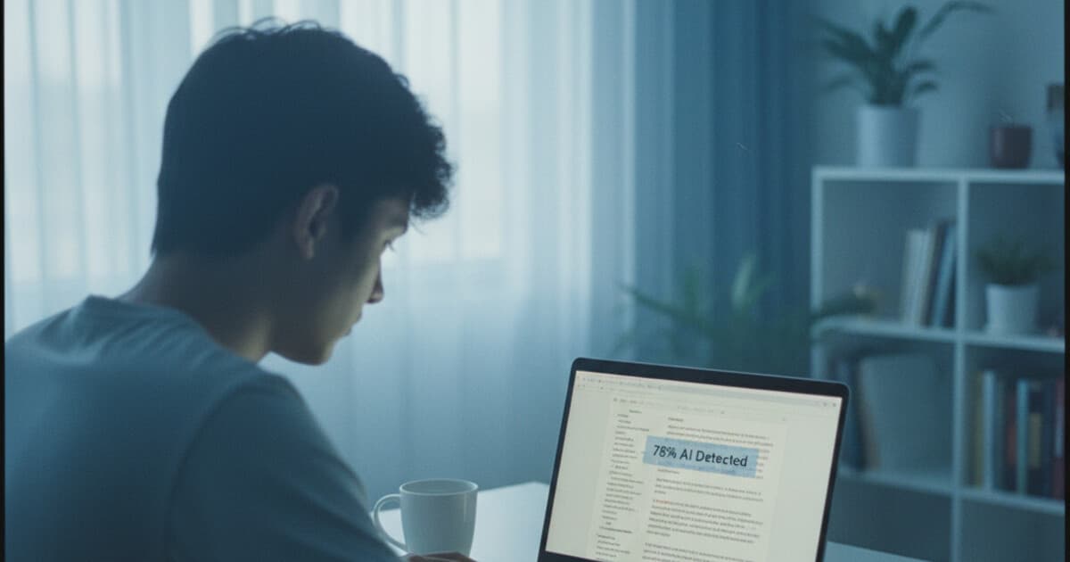 Student reviewing Turnitin AI detection score on laptop screen
