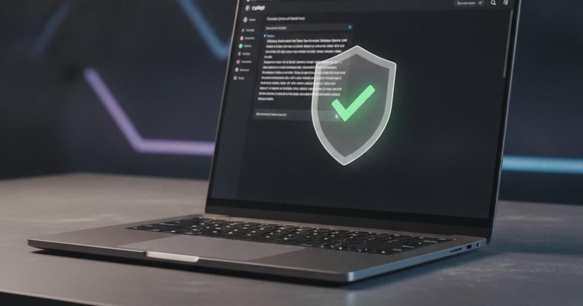 Laptop showing ChatGPT chat interface with a shield overlay and green checkmark, representing AI text that passes detection checks