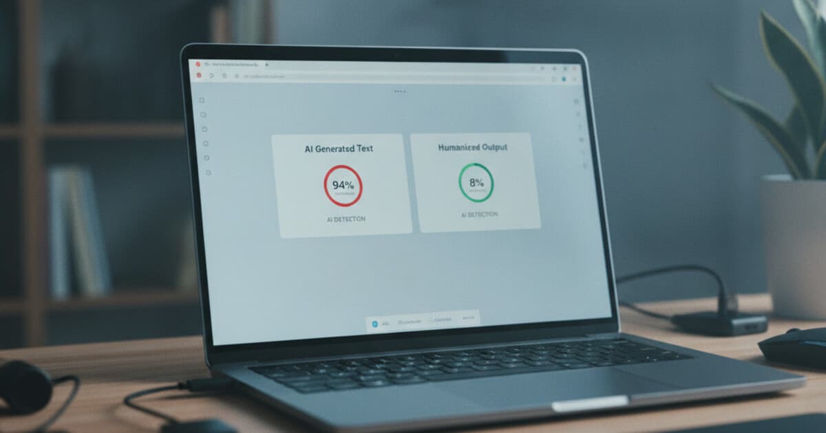 Laptop screen showing AI text being rewritten in a humanizer interface with detection score dropping