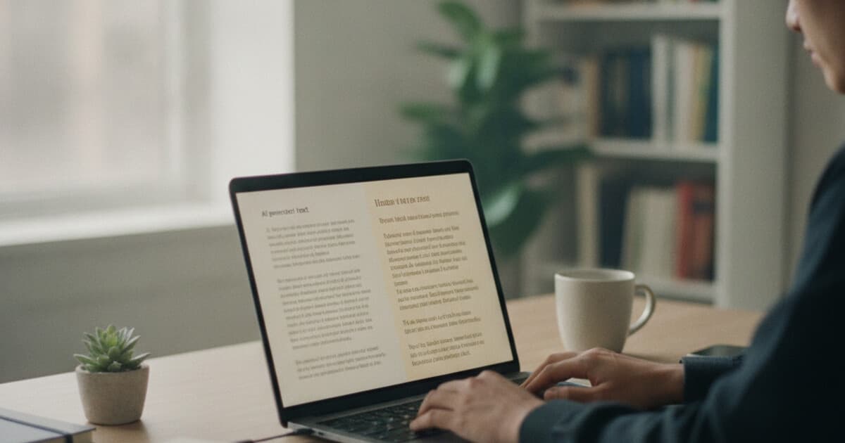 Split screen showing AI text before and after humanization on a laptop display