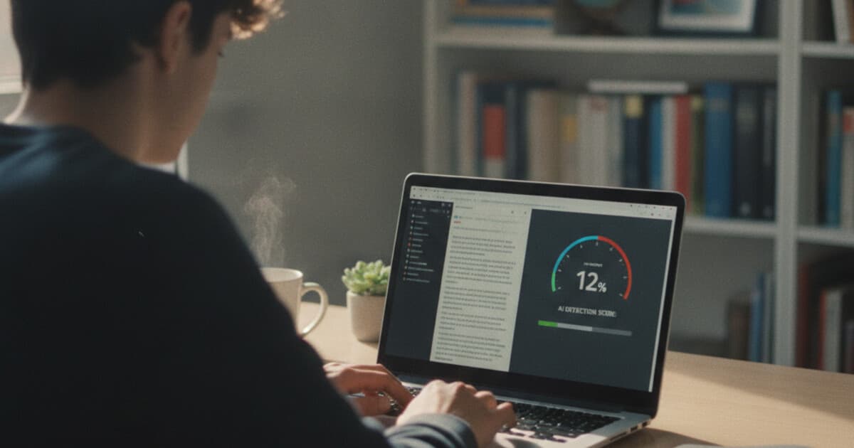 Student at laptop reviewing a document with an AI detection score display showing results