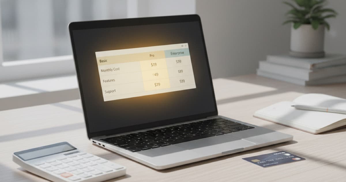 Laptop showing a pricing comparison table on a light wood desk with calculator and credit card